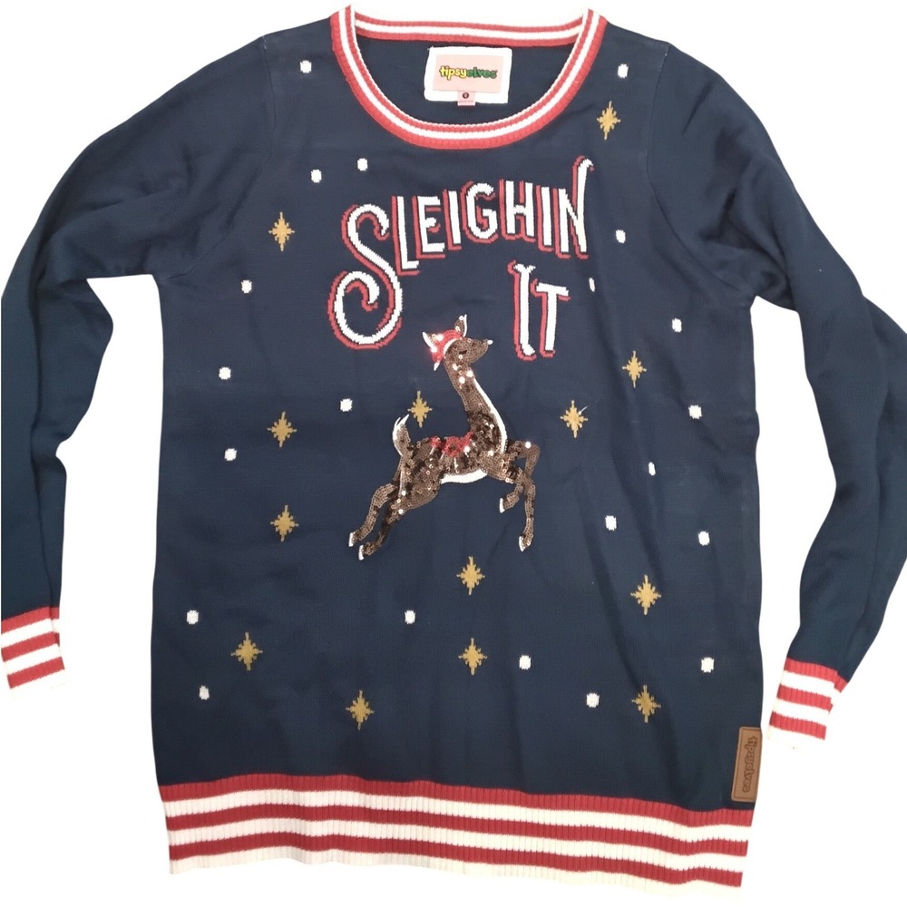 Tipsy Elves Sleighin‎ It Christmas Sweater Navy Blue Sequin Reindeer Small New